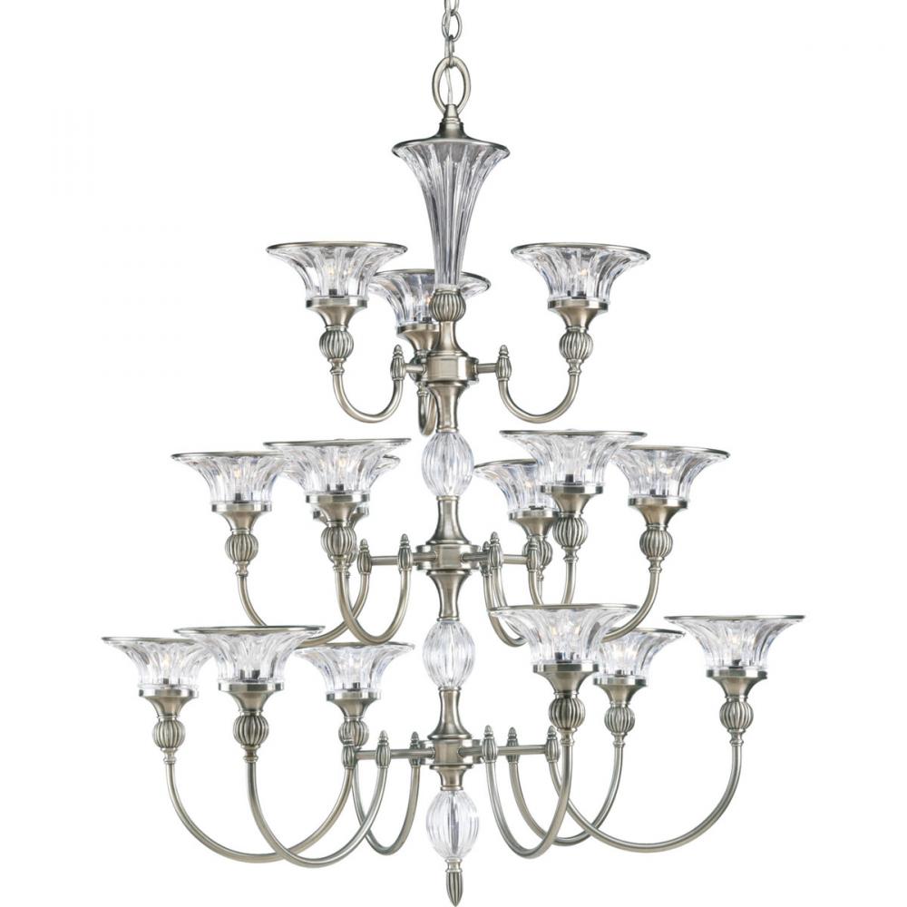 Fifteen Light Classic Silver Clear Crystal Glass Up Chandelier