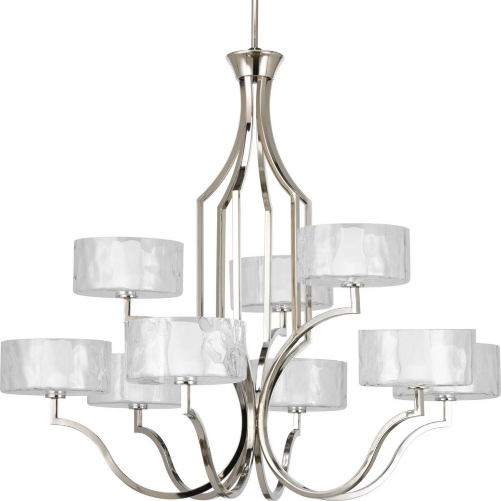 Caress Collection Nine-Light Polished Nickel Clear Water Glass Luxe Chandelier Light