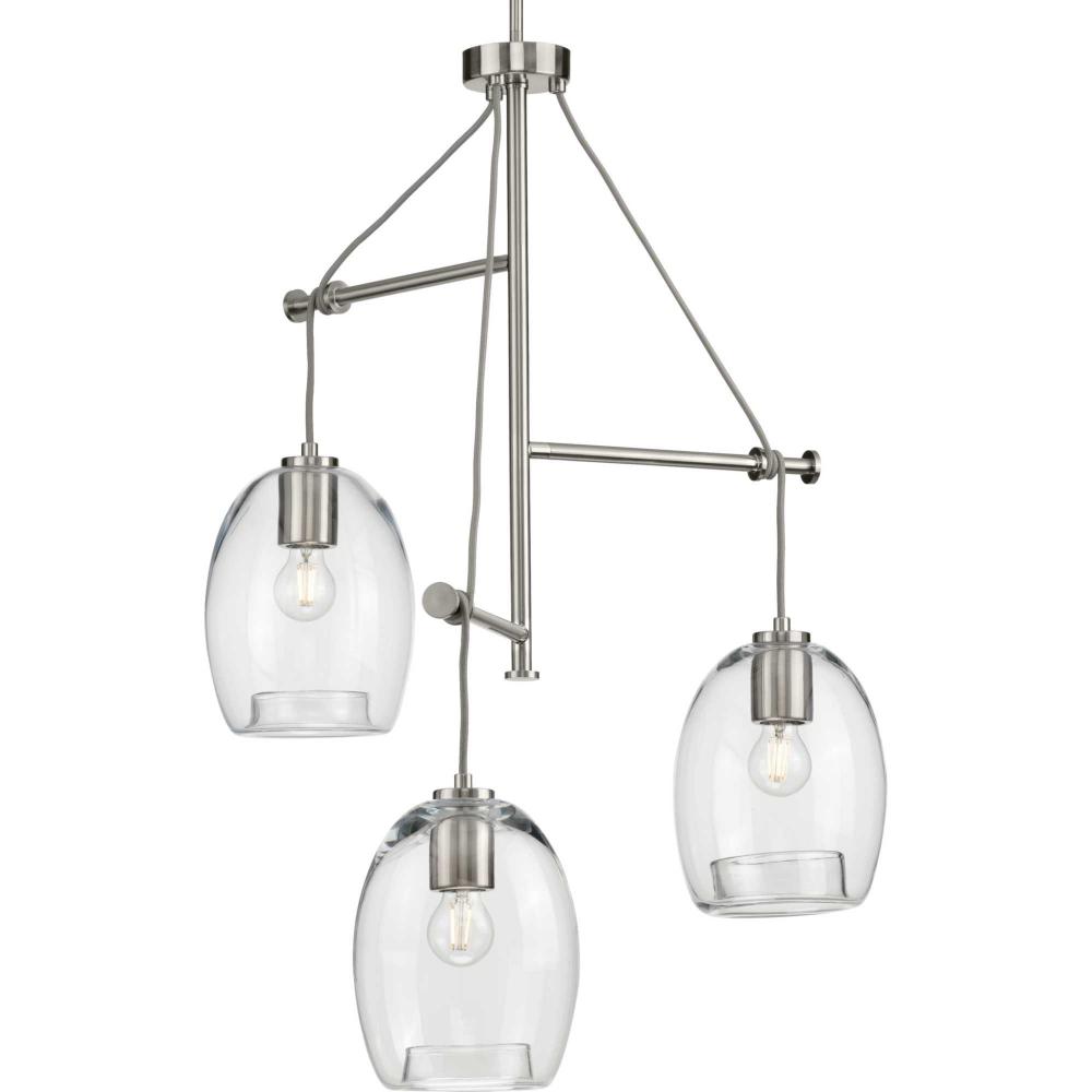 Caisson Collection Three-Light Brushed Nickel Clear Glass Global Pendant Light