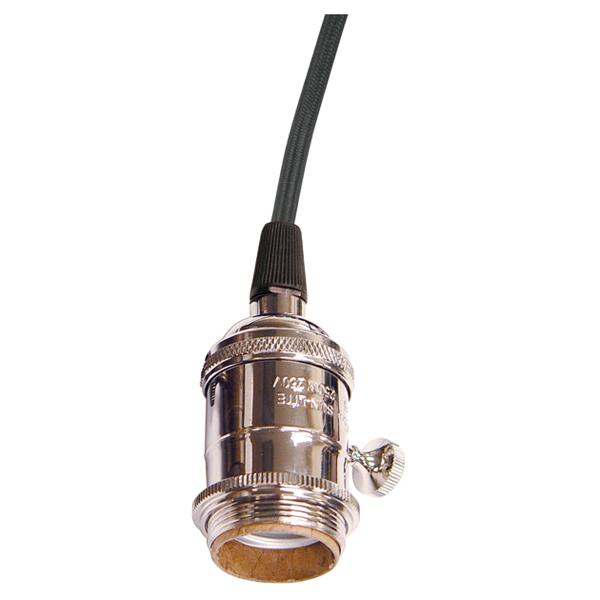 Medium base lampholder; 4pc. Solid brass; prewired; On/Off; Uno ring; 10ft. 18/2 SVT Black Cord;
