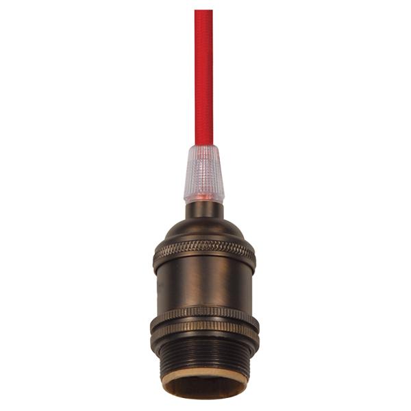 Medium base lampholder; 4pc. Solid brass; prewired; Uno ring; 10ft. 18/2 SVT Red Cord; Dark antique