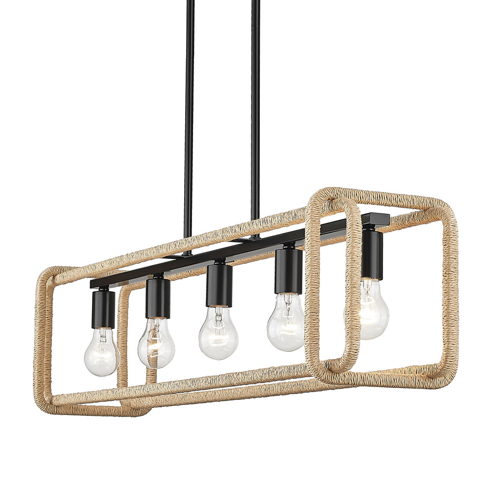 Camden Linear Pendant in Matte Black with Natural Raphia Rope