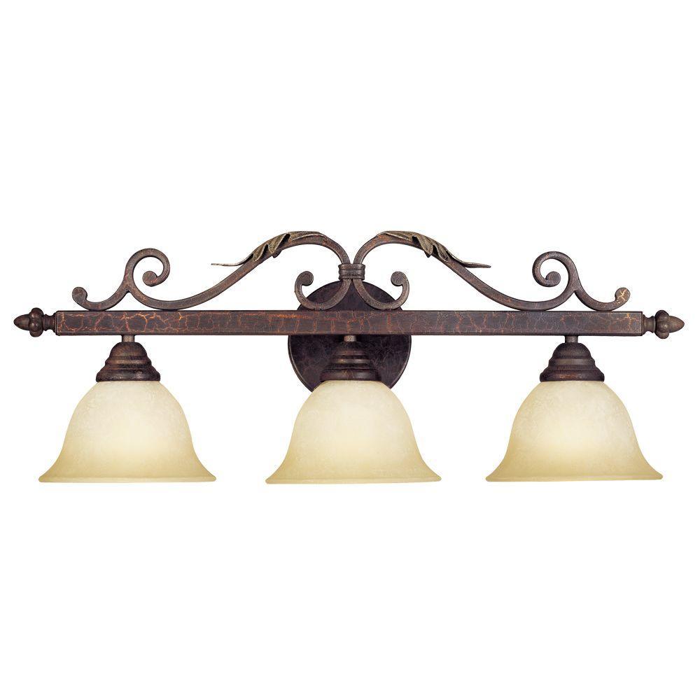 Olympus Tradition Collection 3-Light Crackled Bronze Bath Bar Light with Tea-Stained Glass Shades
