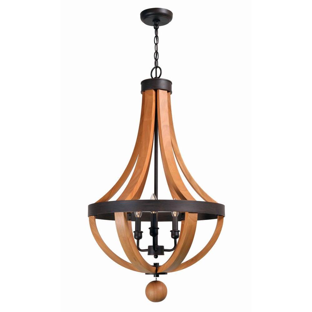 Taylor Collection 3-Light Rust/Wood Indoor Pendant