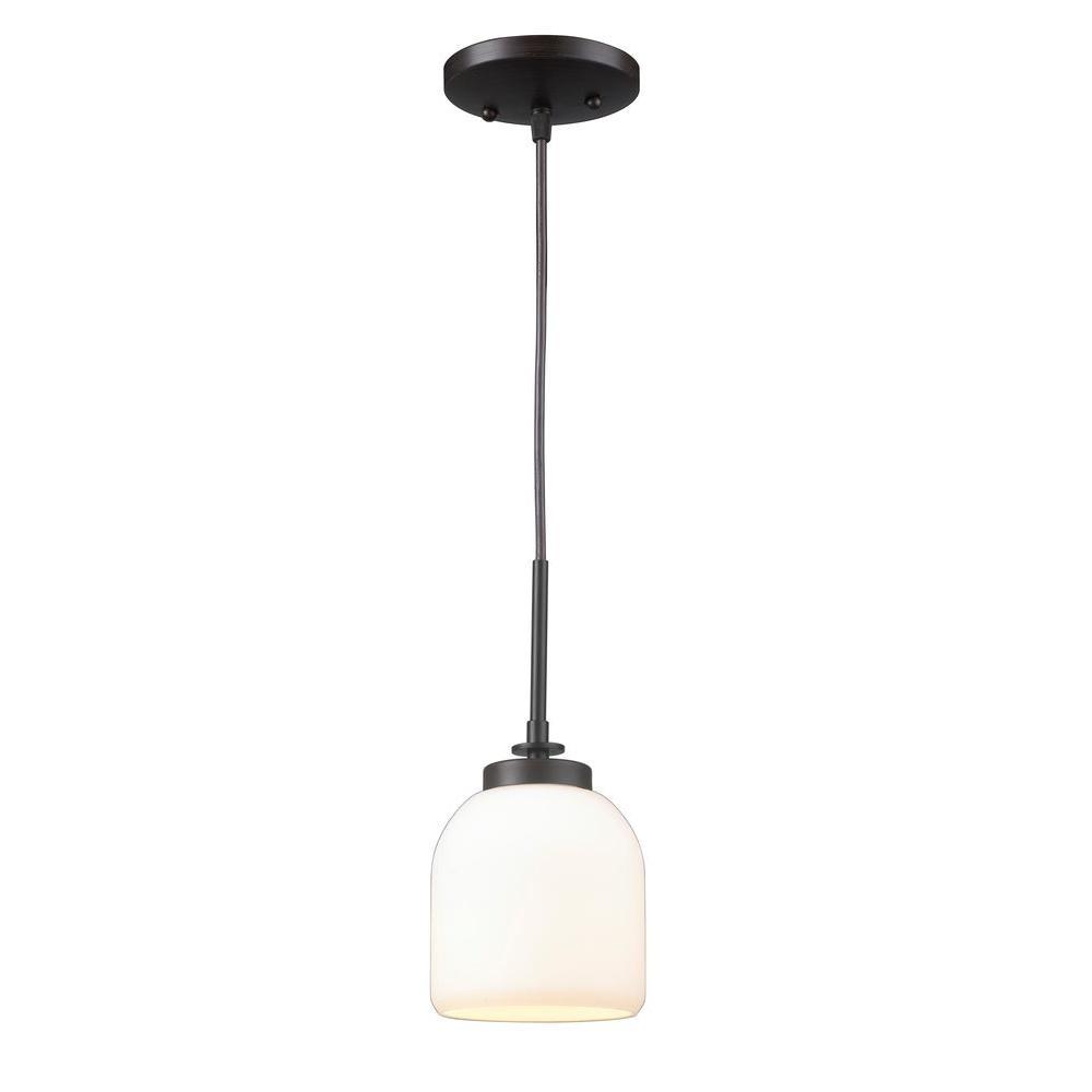 1-Light Oil-Rubbed Bronze Mini Pendant with White Frosted Glass Shade