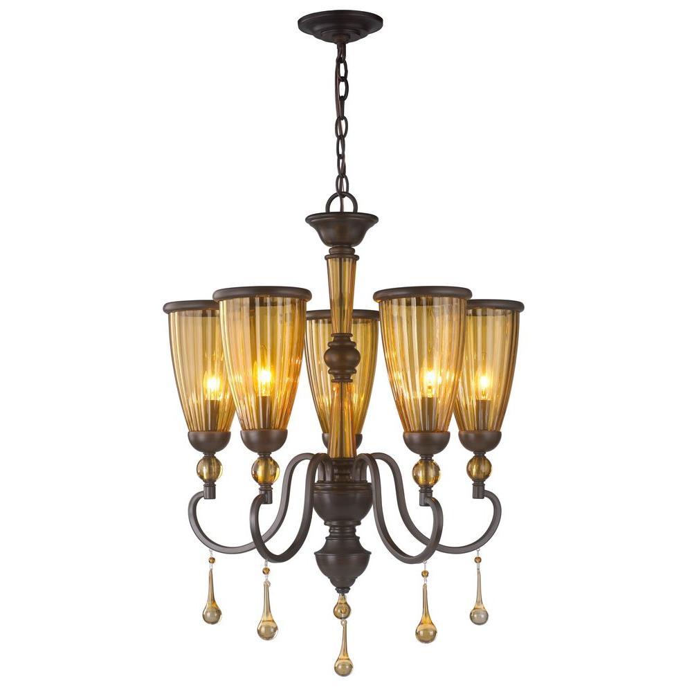 5-Light Oil-Rubbed Bronze Chandelier with Crystal Adorned Tea Stained Glass Shade